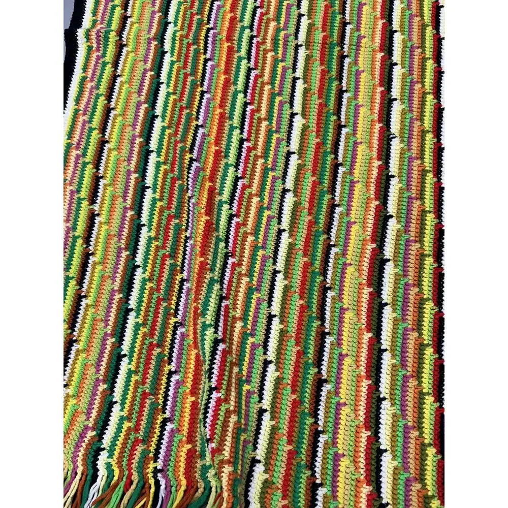 VINTAGE AFGHAN THROW BLANKET RUG 1970s RETRO MULTI-COLOR 62x44